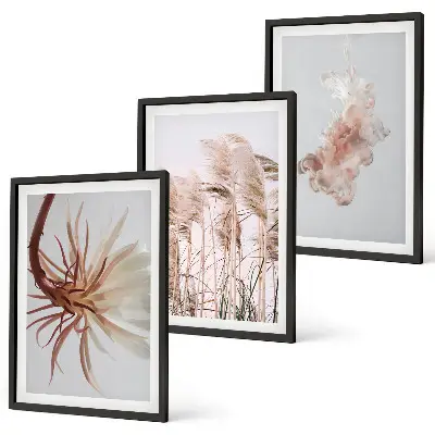 Set de 3 cuadros para salón con diseño de flores sobre fondo claro