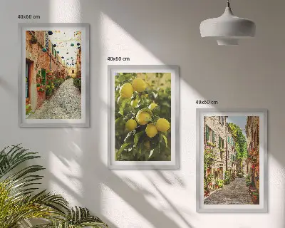 Set de 3 cuadros para salón con diseño de calles con limoneros al fondo