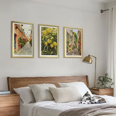 Set de 3 cuadros para salón con diseño de calles con limoneros al fondo