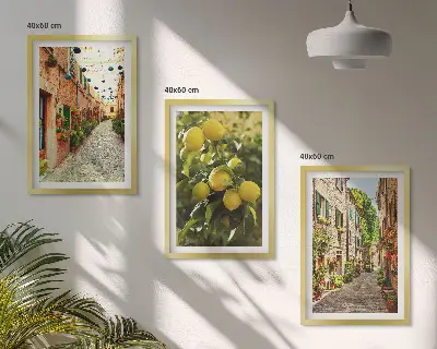 Set de 3 cuadros para salón con diseño de calles con limoneros al fondo