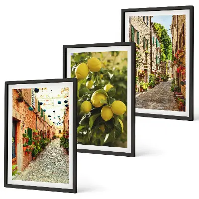 Set de 3 cuadros para salón con diseño de calles con limoneros al fondo