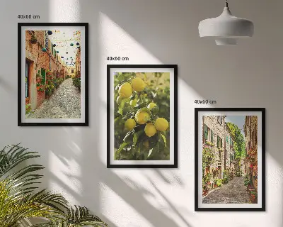 Set de 3 cuadros para salón con diseño de calles con limoneros al fondo