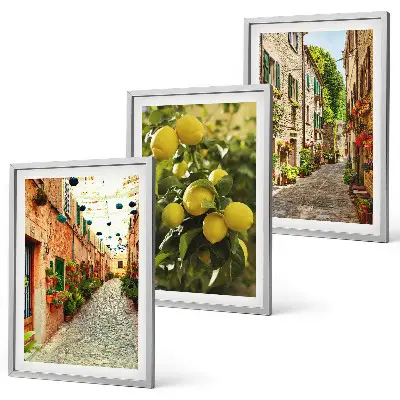 Set de 3 cuadros para salón con diseño de calles con limoneros al fondo
