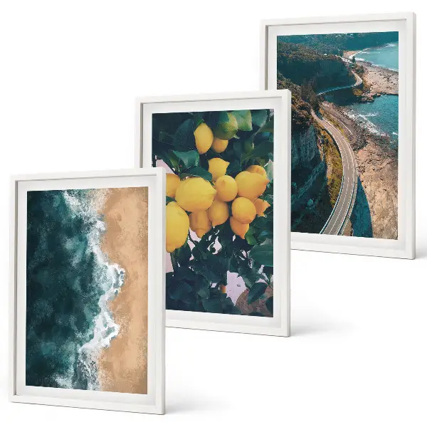 Set de 3 cuadros para salón con diseño de playa, mar, limones y montañas