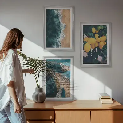 Set de 3 cuadros para salón con diseño de playa, mar, limones y montañas