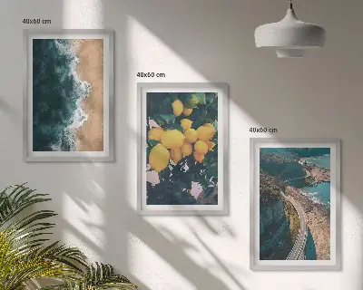 Set de 3 cuadros para salón con diseño de playa, mar, limones y montañas