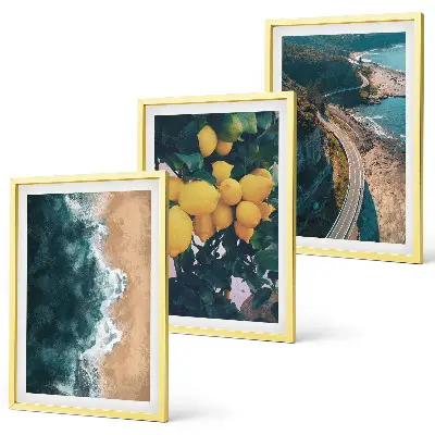 Set de 3 cuadros para salón con diseño de playa, mar, limones y montañas