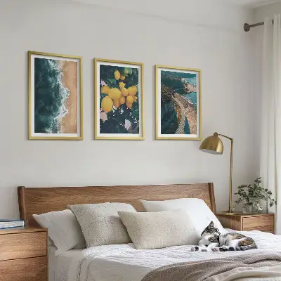 Set de 3 cuadros para salón con diseño de playa, mar, limones y montañas