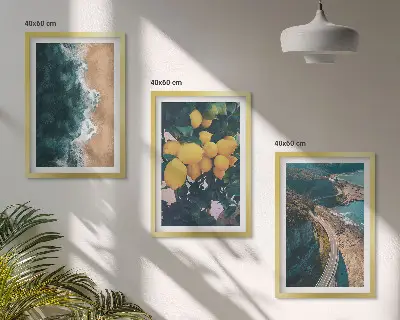 Set de 3 cuadros para salón con diseño de playa, mar, limones y montañas