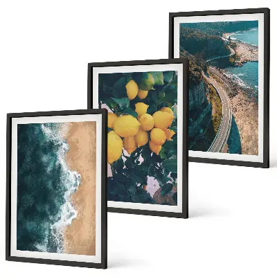 Set de 3 cuadros para salón con diseño de playa, mar, limones y montañas