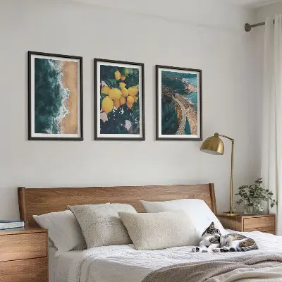 Set de 3 cuadros para salón con diseño de playa, mar, limones y montañas