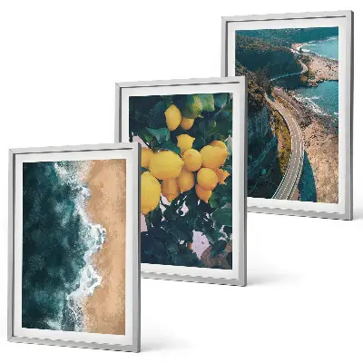 Set de 3 cuadros para salón con diseño de playa, mar, limones y montañas