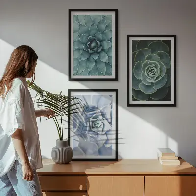Set de 3 cuadros plantas suculentas en tono verde turquesa