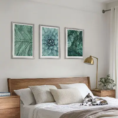 Set de 3 cuadros para salón con primer plano de hojas de planta