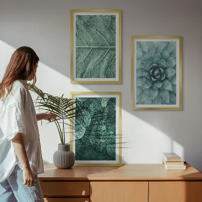Set de 3 cuadros para salón con primer plano de hojas de planta
