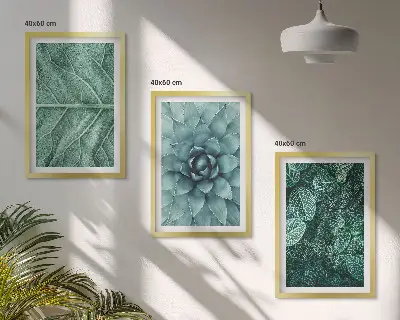 Set de 3 cuadros para salón con primer plano de hojas de planta