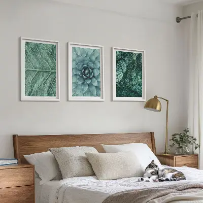 Set de 3 cuadros para salón con primer plano de hojas de planta