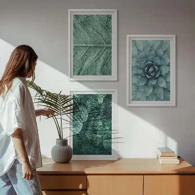 Set de 3 cuadros para salón con primer plano de hojas de planta