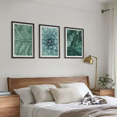 Set de 3 cuadros para salón con primer plano de hojas de planta