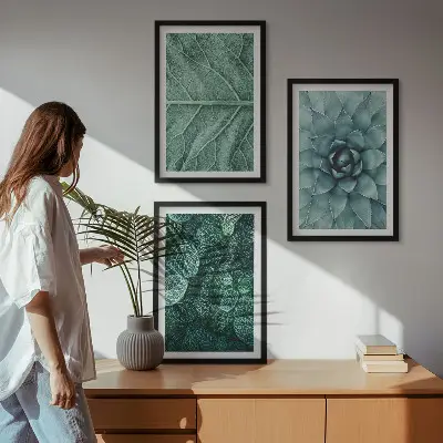 Set de 3 cuadros para salón con primer plano de hojas de planta