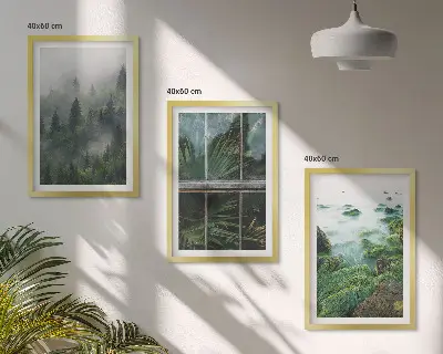 Juego de 3 cuadros bosque con niebla en la ribera del río