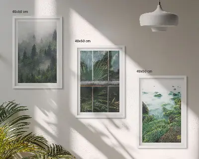 Juego de 3 cuadros bosque con niebla en la ribera del río
