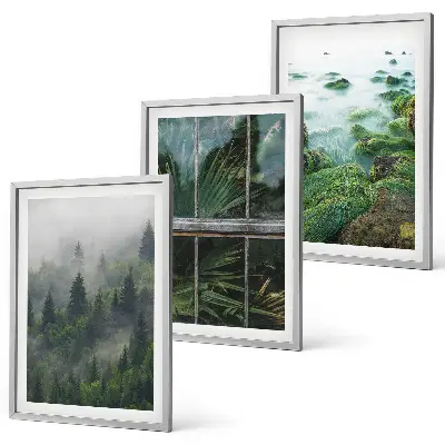 Juego de 3 cuadros bosque con niebla en la ribera del río