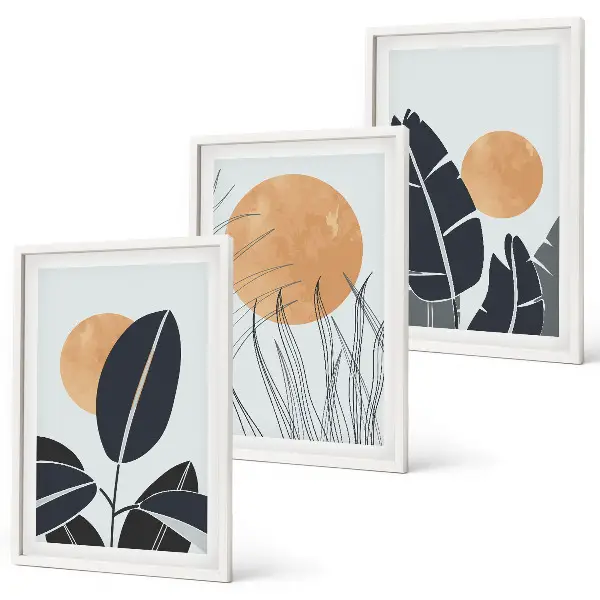 Set de 3 cuadros para salón con patrones minimalistas de plantas y soles