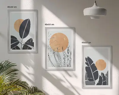 Set de 3 cuadros para salón con patrones minimalistas de plantas y soles