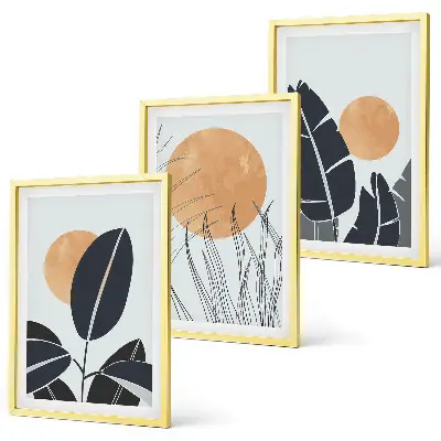 Set de 3 cuadros para salón con patrones minimalistas de plantas y soles