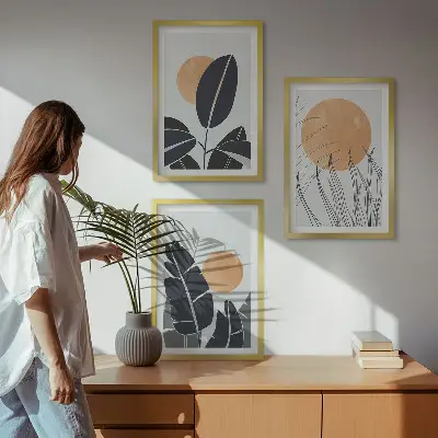 Set de 3 cuadros para salón con patrones minimalistas de plantas y soles