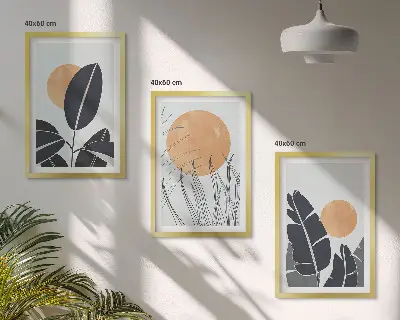 Set de 3 cuadros para salón con patrones minimalistas de plantas y soles