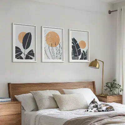 Set de 3 cuadros para salón con patrones minimalistas de plantas y soles