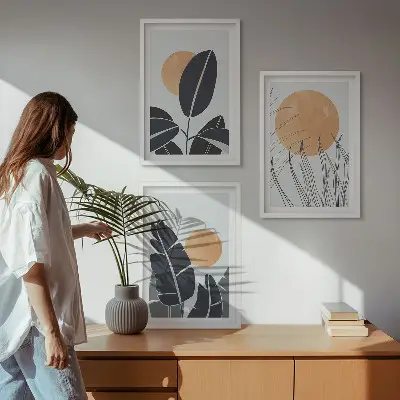Set de 3 cuadros para salón con patrones minimalistas de plantas y soles