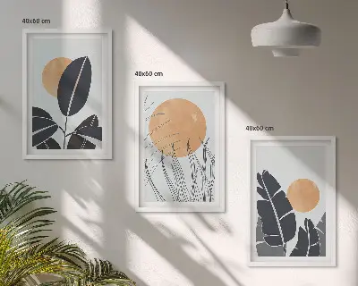 Set de 3 cuadros para salón con patrones minimalistas de plantas y soles