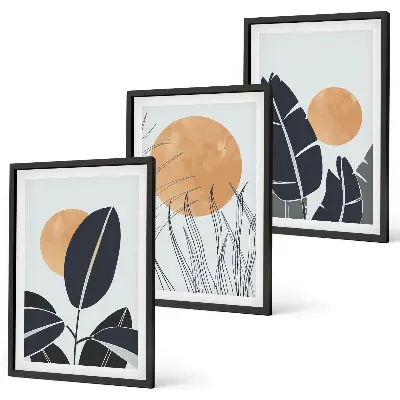 Set de 3 cuadros para salón con patrones minimalistas de plantas y soles