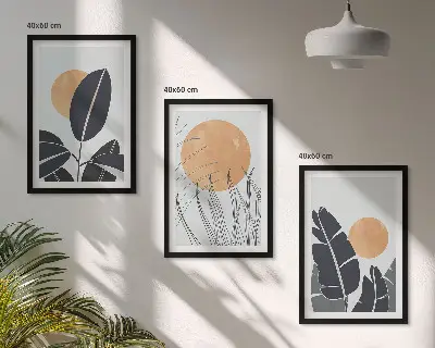 Set de 3 cuadros para salón con patrones minimalistas de plantas y soles