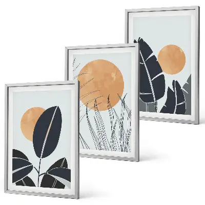 Set de 3 cuadros para salón con patrones minimalistas de plantas y soles