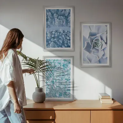 Juego de 3 cuadros con diseño de agua de flores azules del bosque invernal