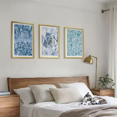 Juego de 3 cuadros con diseño de agua de flores azules del bosque invernal