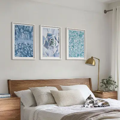 Juego de 3 cuadros con diseño de agua de flores azules del bosque invernal