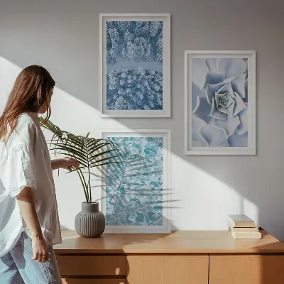 Juego de 3 cuadros con diseño de agua de flores azules del bosque invernal