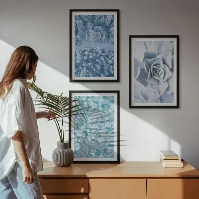 Juego de 3 cuadros con diseño de agua de flores azules del bosque invernal