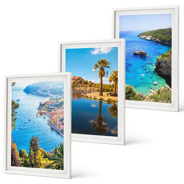 Set de 3 cuadros para salón con palmeras junto al mar y aguas azules