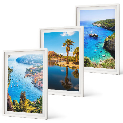 Set de 3 cuadros para salón Palmeras junto al mar y aguas azules