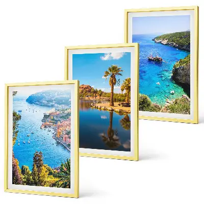 Set de 3 cuadros para salón con palmeras junto al mar y aguas azules