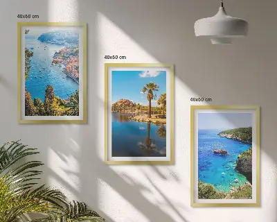 Set de 3 cuadros para salón con palmeras junto al mar y aguas azules