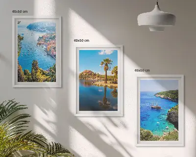 Set de 3 cuadros para salón con palmeras junto al mar y aguas azules