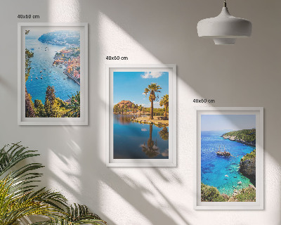Set de 3 cuadros para salón Palmeras junto al mar y aguas azules