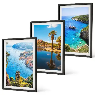 Set de 3 cuadros para salón con palmeras junto al mar y aguas azules